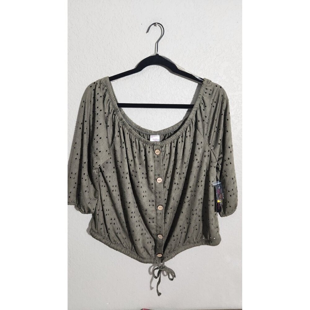 No Boundaries NB Eyelet Top Womens 2XL Green Button Front Drawstring NWT Blouse